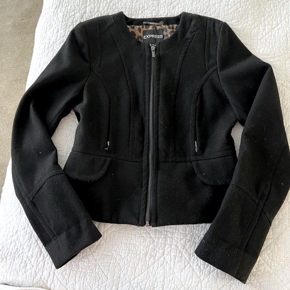 Black, wool like blazer/pea coat with patterned lining. - Picture 1 of 5